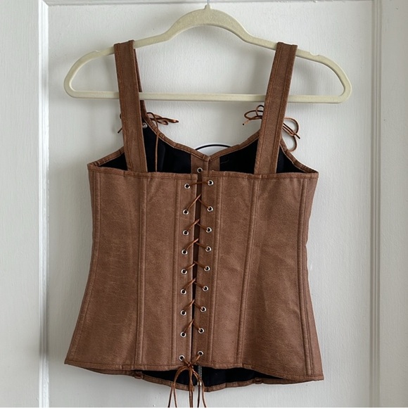 Leather-Look Bodice / Corset Top / Stays Brown Tan Fits Like XS / S Lace Up - Picture 6 of 14